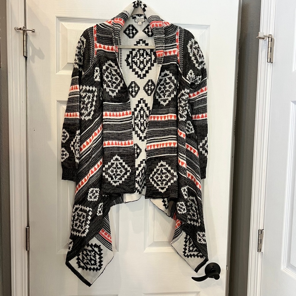 Eyeshadow Cardigan Knit Tribal Geometric Draped Open Front Black White Orange L